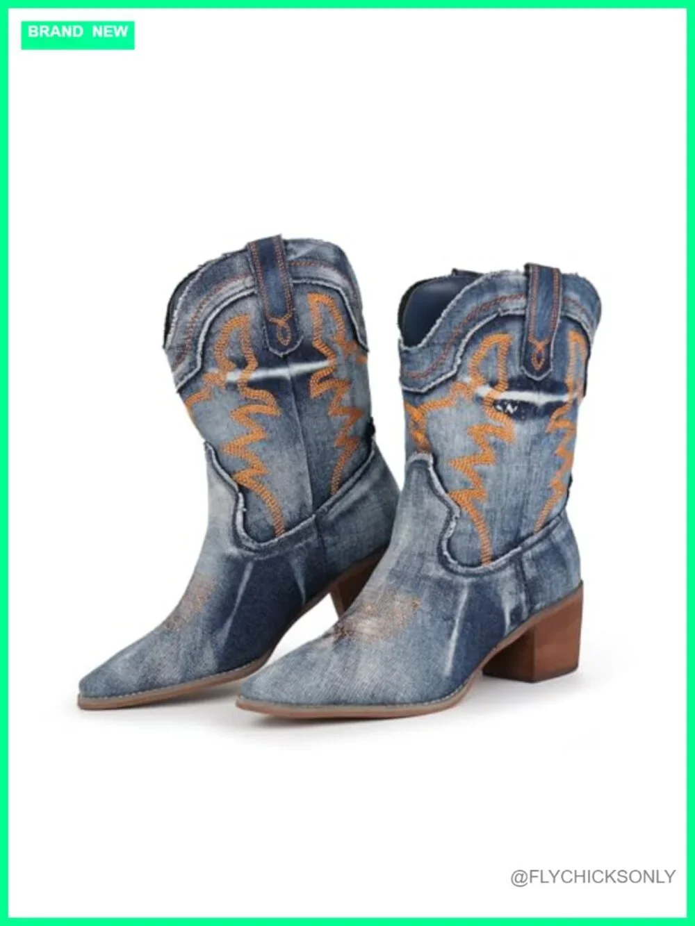 Women's Western Embroidered Stitched Ankle Boots Pointed Toe Low Chunky Heel